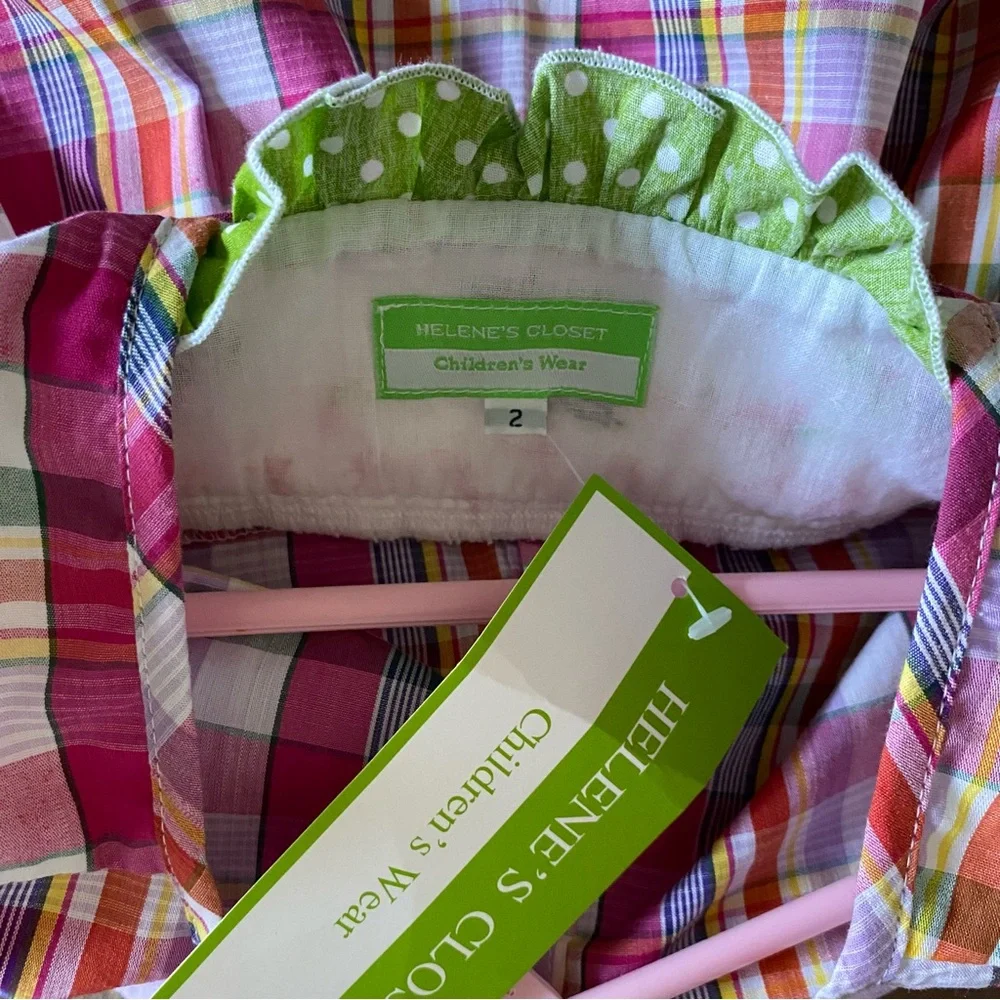 Smocked Dress 2T NWT New Pink Green Plaid Hearts Love 100% Cotton Polka Dots